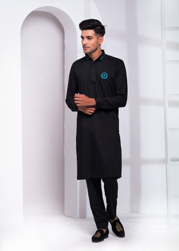 Black Color EMB Collar Embroidered Kurta Pajama For Men